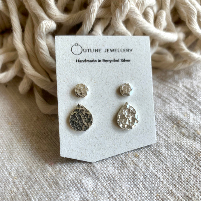 PETAL HAMMERED SILVER STUD EARRINGS DUO SET