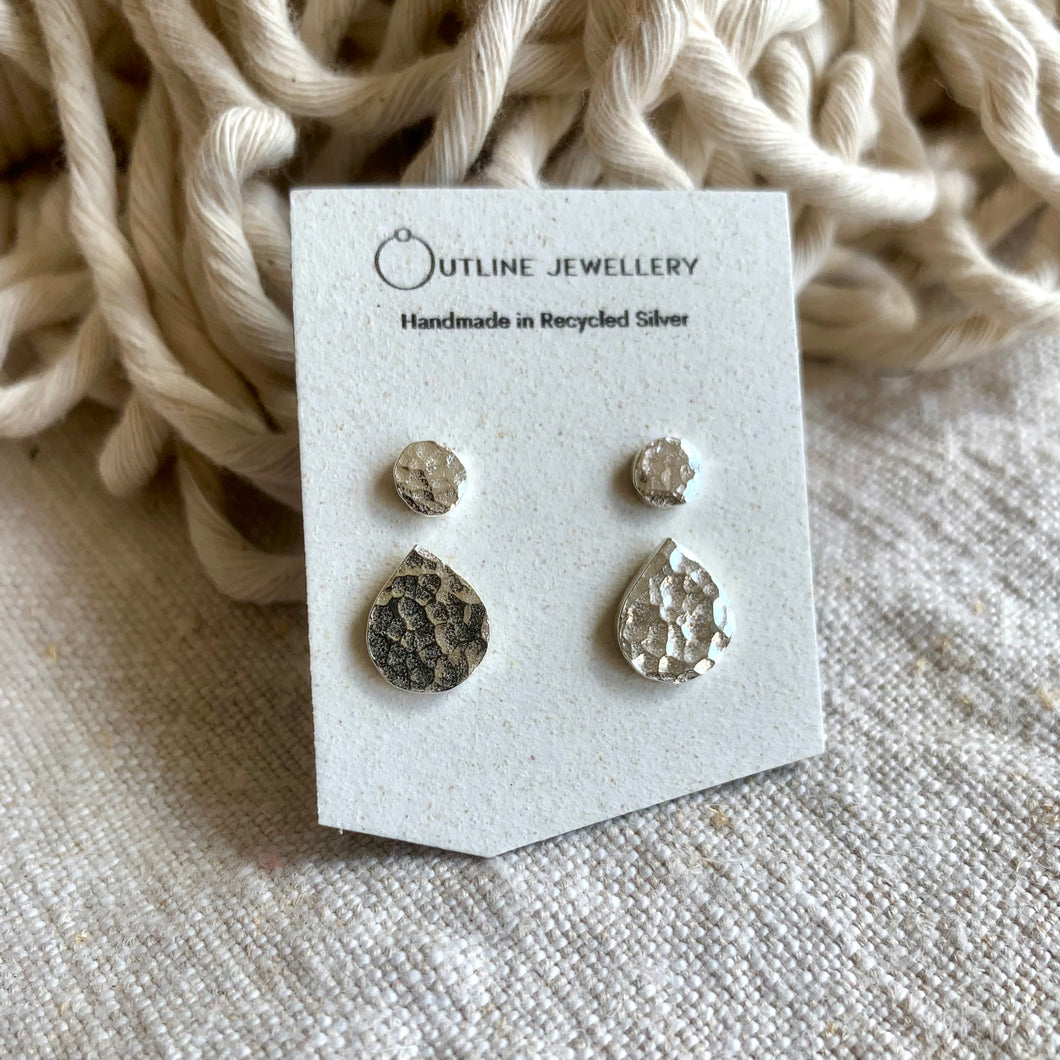 PETAL HAMMERED SILVER STUD EARRINGS DUO SET