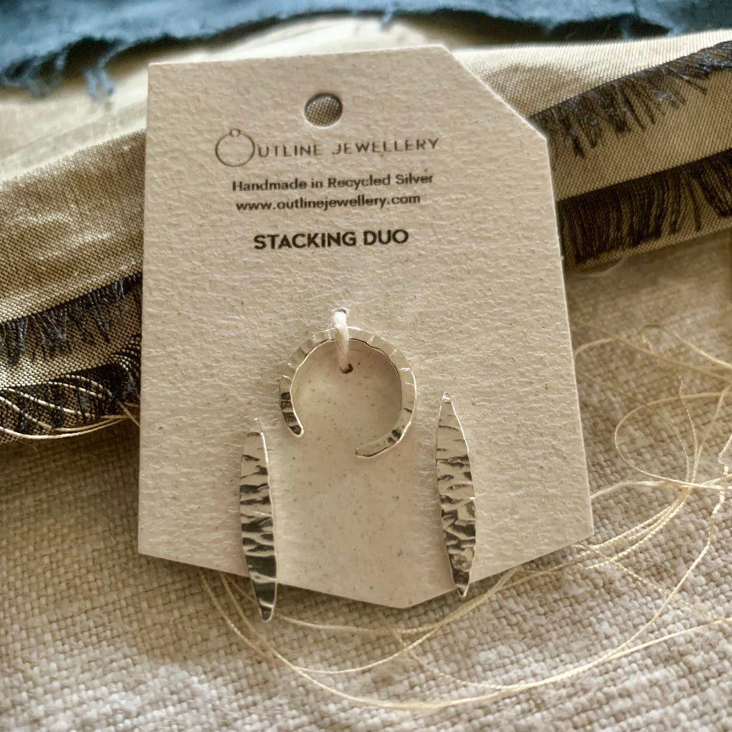 LEAF STUD EARRINGS & EAR CUFF DUO SETS IN HAMMERED RECYCLED SILVER