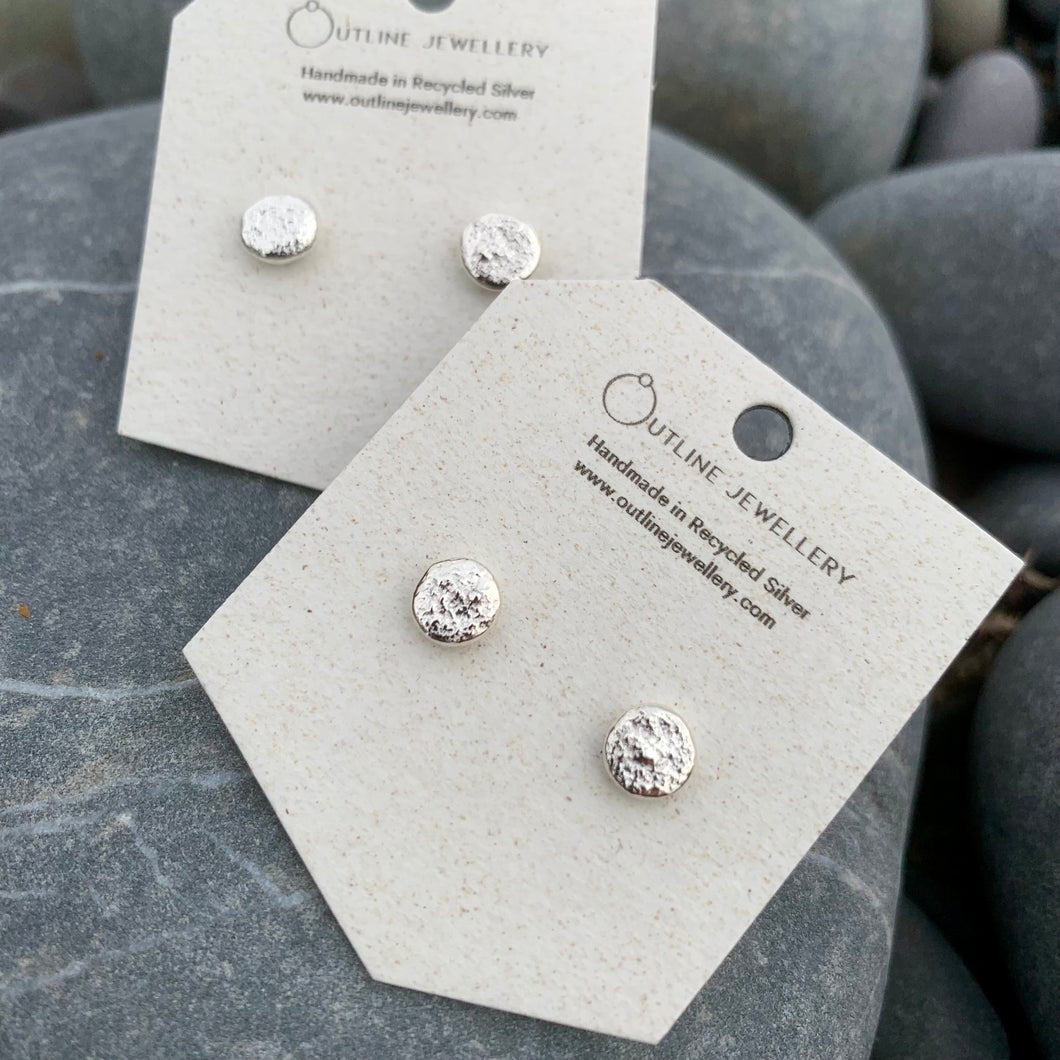 Small Round Molten Texture Silver Stud Earrings