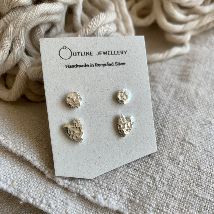 HEARTS HAMMERED SILVER STUD EARRINGS DUO SET