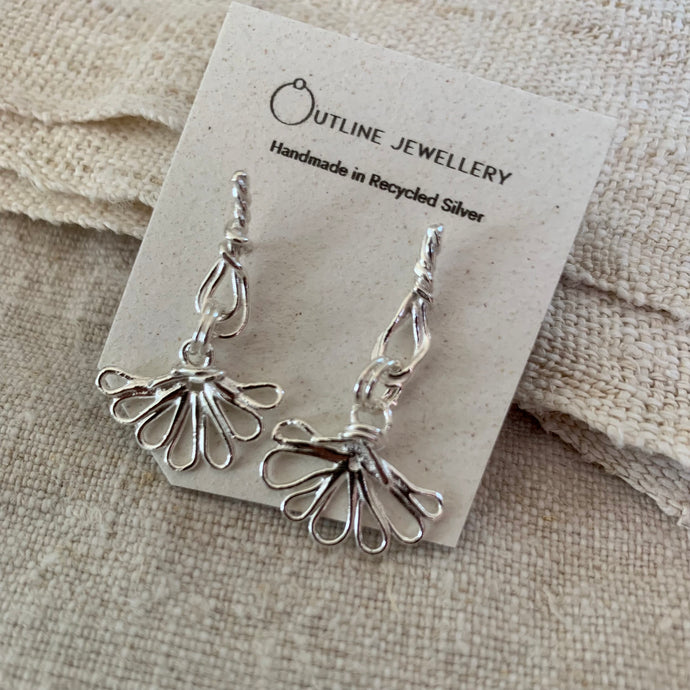 FILIGREE FAN SHAPED SILVER DROP EARRINGS
