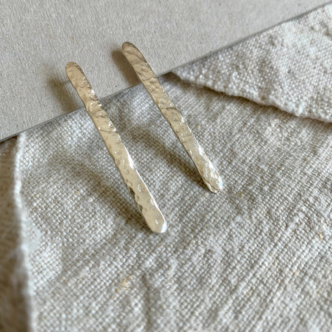LONG HAMMERED SILVER STUD EARRINGS